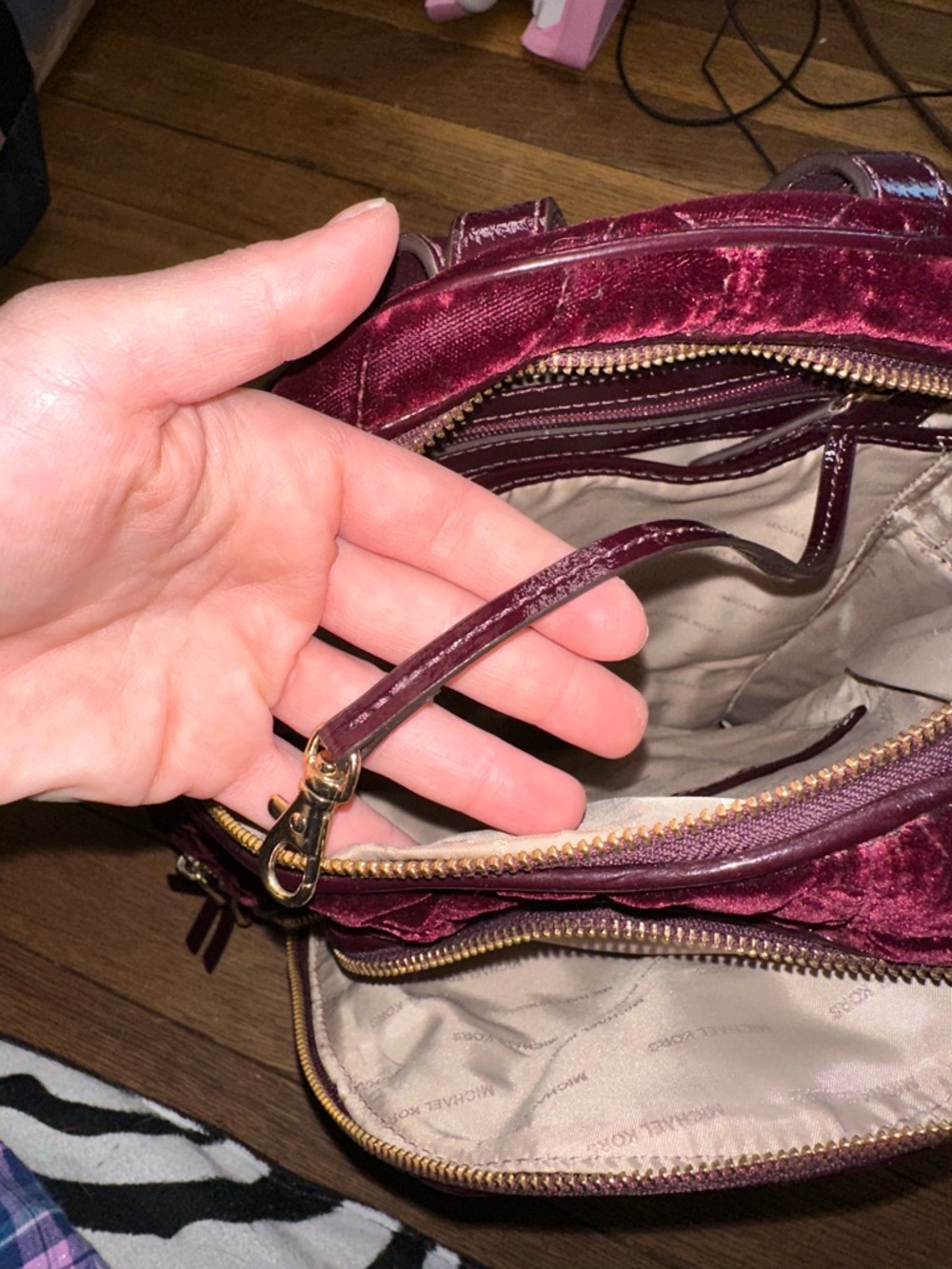 Michael Kors Quilted Velvet Wine Backpack with Gold Hardware - Picture 6 of 12